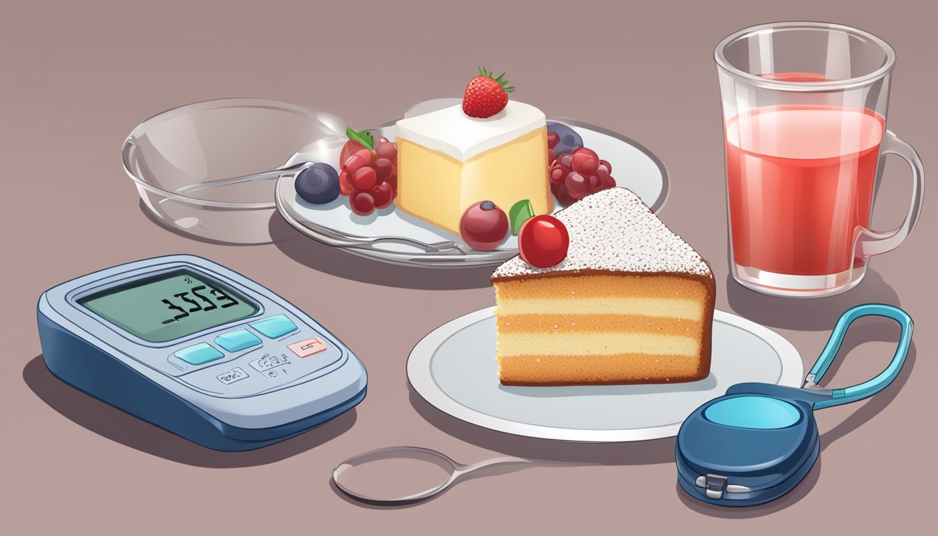 A diabetic's plate with a small slice of cake next to a measuring cup and blood sugar monitor