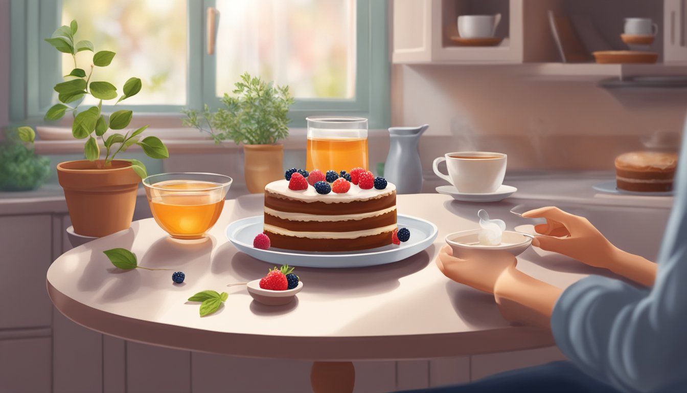 A person with diabetes enjoying a slice of sugar-free cake with fresh berries and a cup of herbal tea on a cozy kitchen table