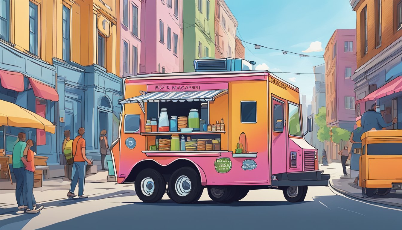 A food truck parked in a busy city street, surrounded by colorful buildings and a clear blue sky. A sign on the truck reads "Risk Management and Insurance."