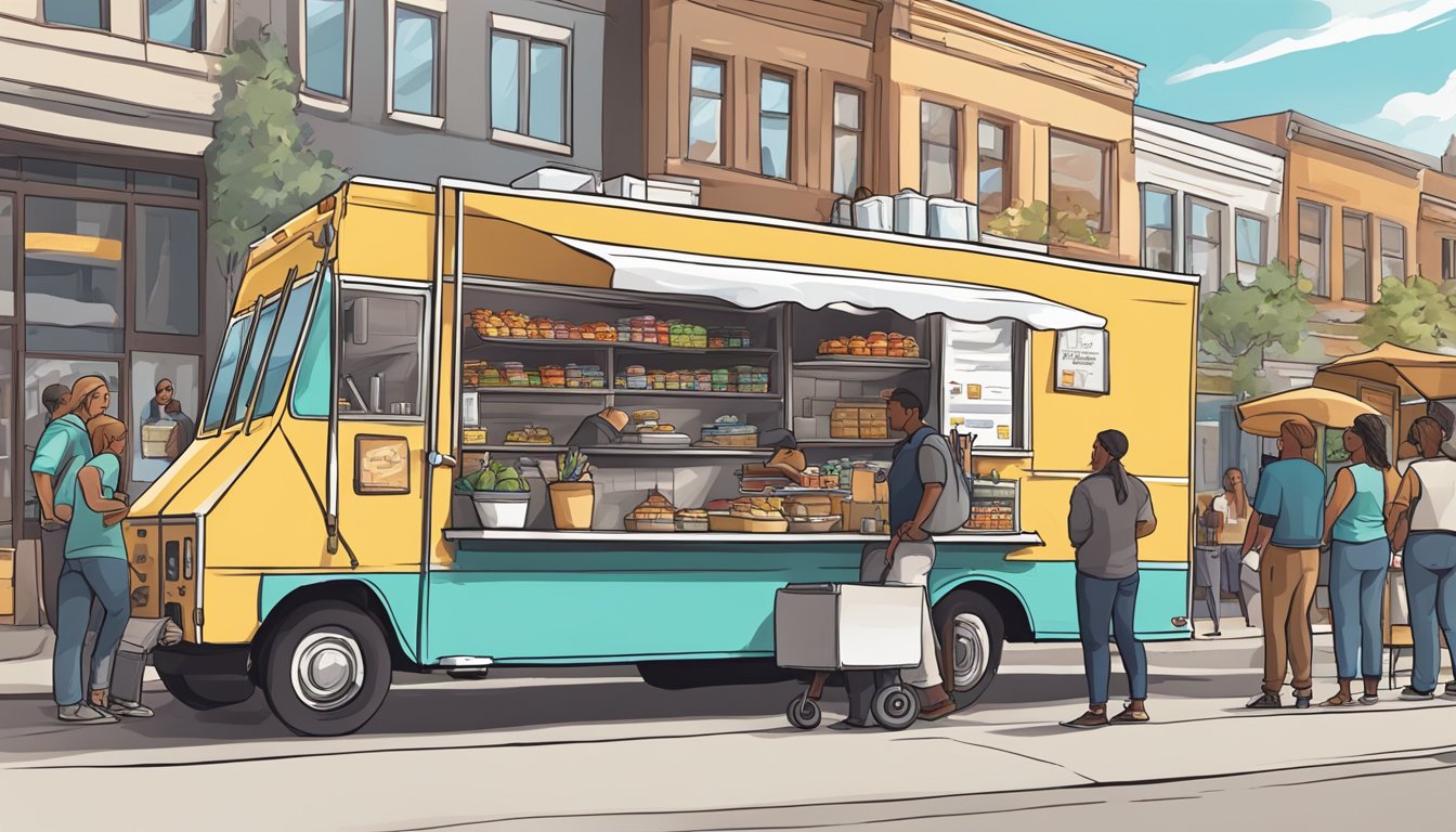 A food truck parked on a bustling street in Colorado, with a line of customers waiting to order. Nearby, a sign displays marketing and profitability strategies