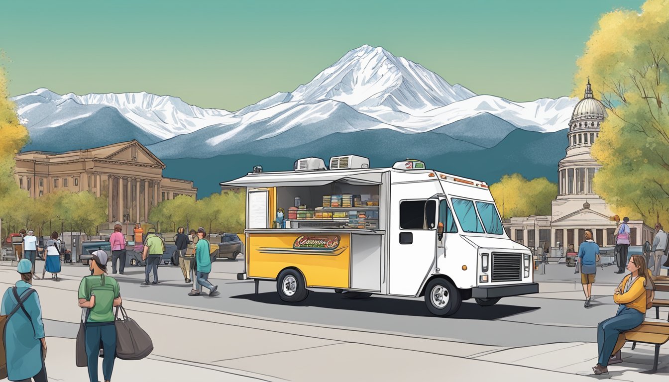 A food truck parked in front of the Colorado State Capitol, surrounded by bustling business activity and a backdrop of the Rocky Mountains