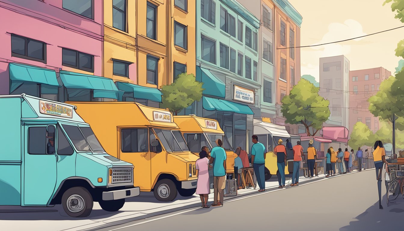 A row of food trucks parked along a city street, with colorful signage and customers lined up to order. A sign displaying "Operational Guidelines for Food Trucks" is posted nearby