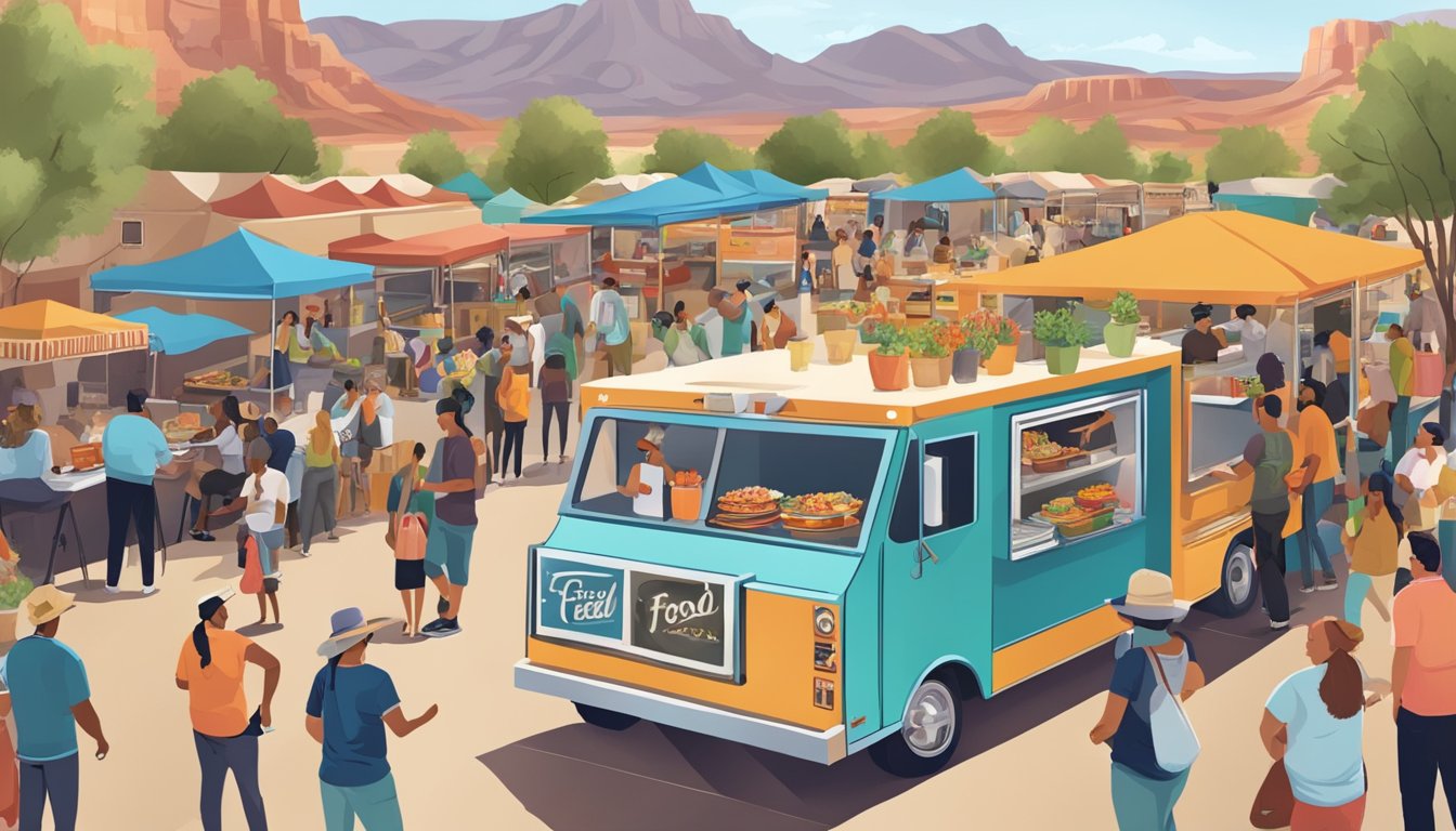 A bustling food truck festival in Arizona, with diverse vendors serving up traditional dishes from various cultures, while community members gather to enjoy the food and live music