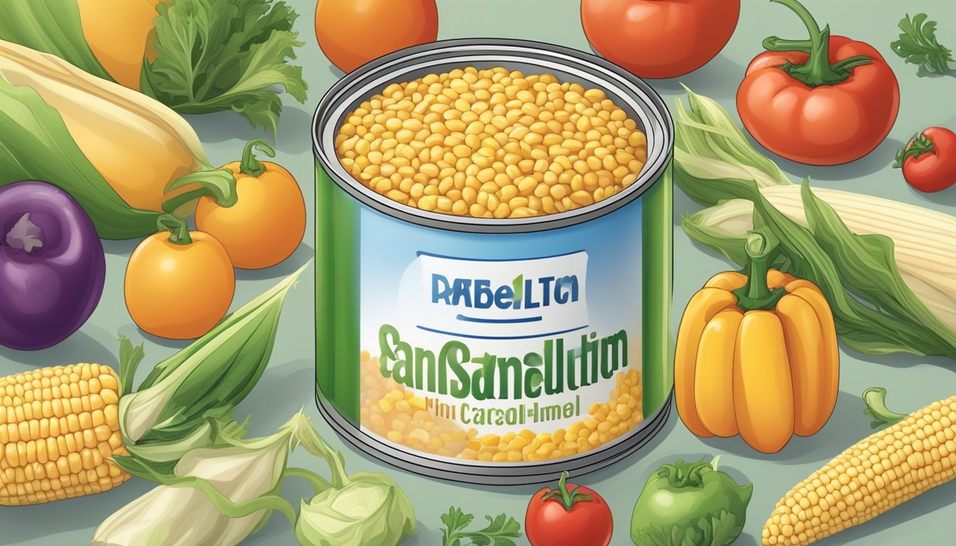 A can of corn with a label showing added sodium content, surrounded by various low-sodium vegetables and a diabetic-friendly meal