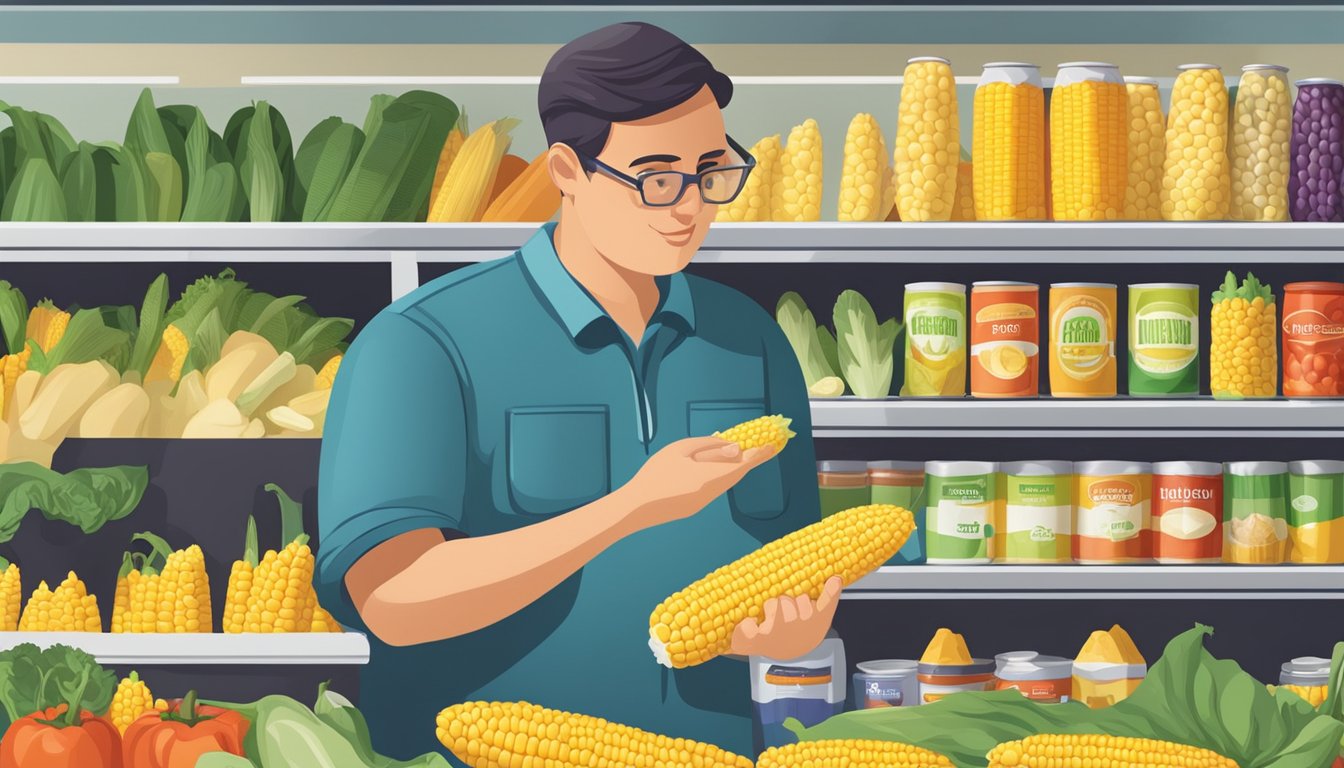 A person with diabetes holding a can of corn with a sodium label, while looking at fresh corn and other low-sodium vegetables