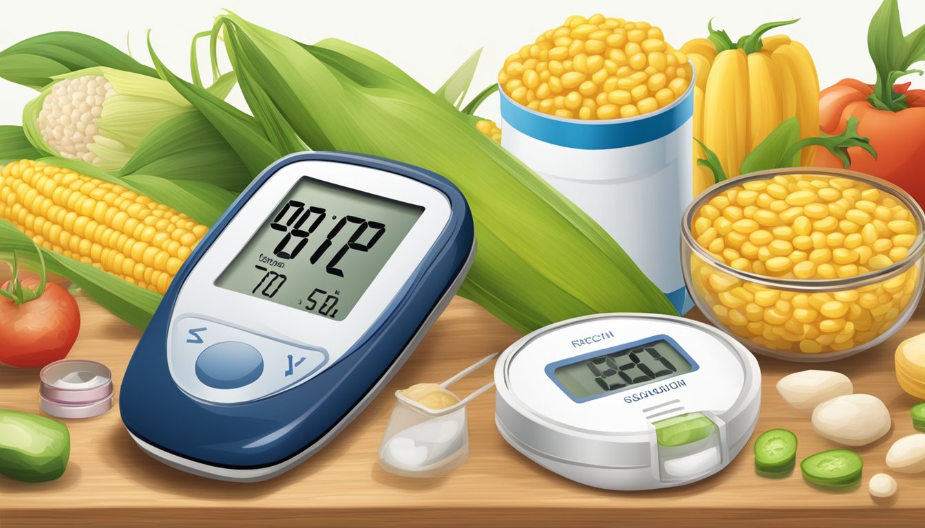 A can of corn with added sodium next to a blood glucose monitor and healthy food options