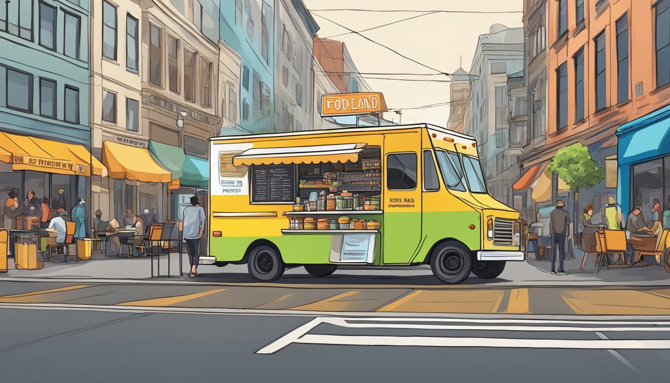 A colorful food truck parked on a bustling Portland street, surrounded by signs indicating the city's food truck laws