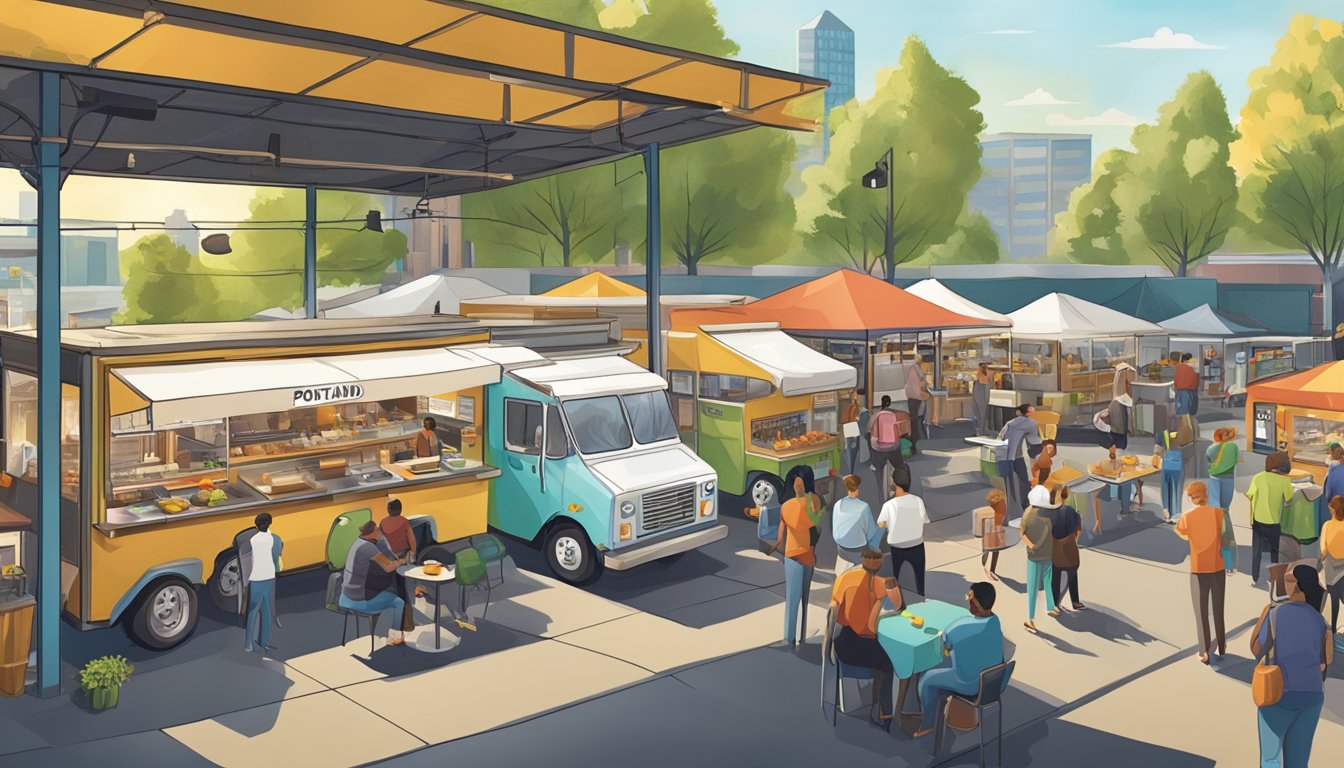 A bustling food truck park in Portland, Oregon, with vendors serving diverse cuisines under a clear, sunny sky