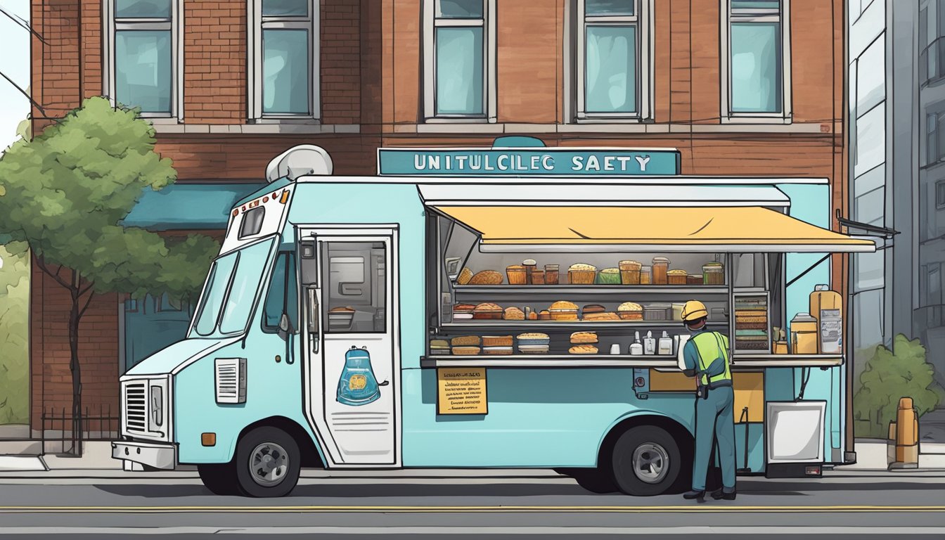 A food truck parked on a busy street in Louisville, Kentucky undergoes a thorough health and safety inspection by a uniformed official