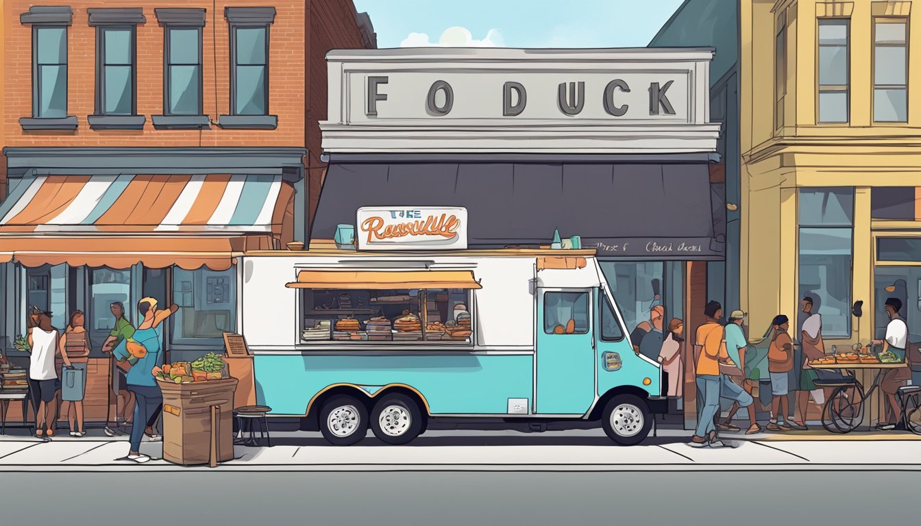 A food truck parked on a bustling street in Louisville, Kentucky, with signage displaying various food items and a line of customers waiting to order