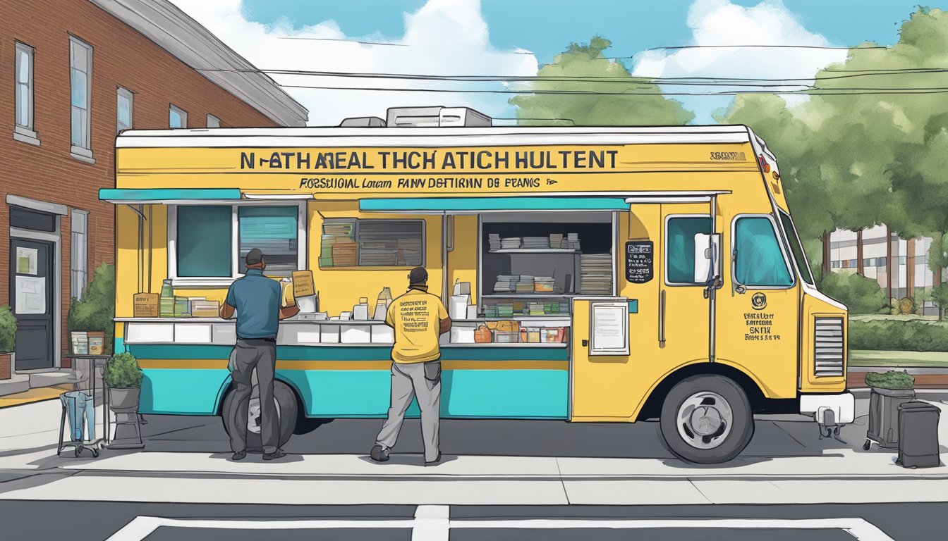 A food truck parked outside an Alabama County Health Department office, with officials inspecting and discussing regulations