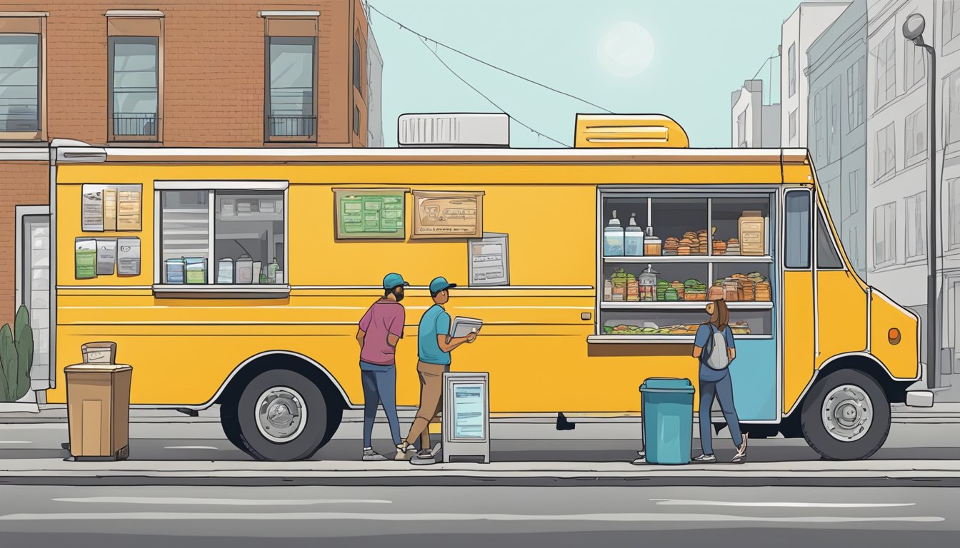 A food truck parked in a designated area, displaying required permits and licenses on the window. A line of customers waits to order, while the owner follows sanitation and safety guidelines