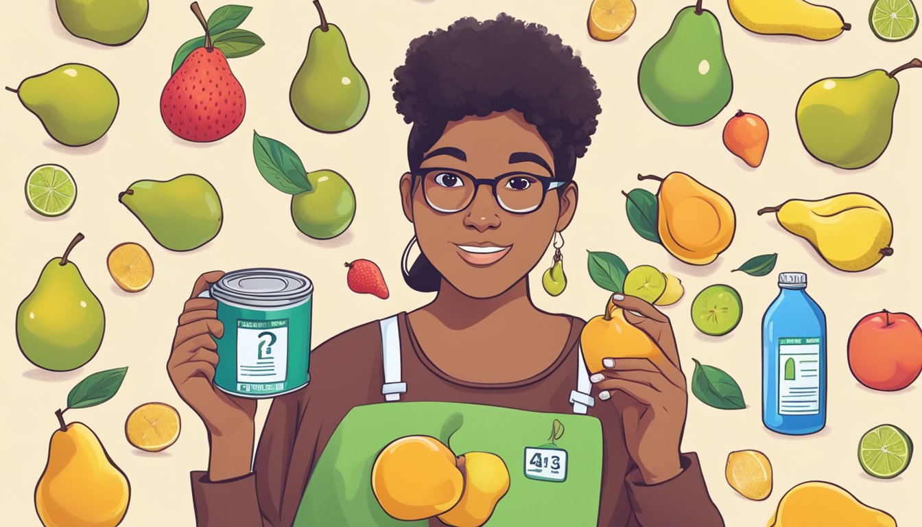 A person with diabetes holding a can of pears in syrup, with a question mark above their head, surrounded by various fruits and a nutrition label