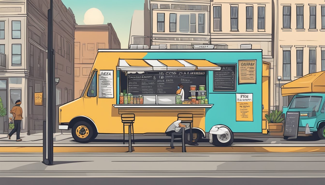 A food truck parked on a city street in Alabama, with a sign displaying the menu and prices. A line of customers waits to order