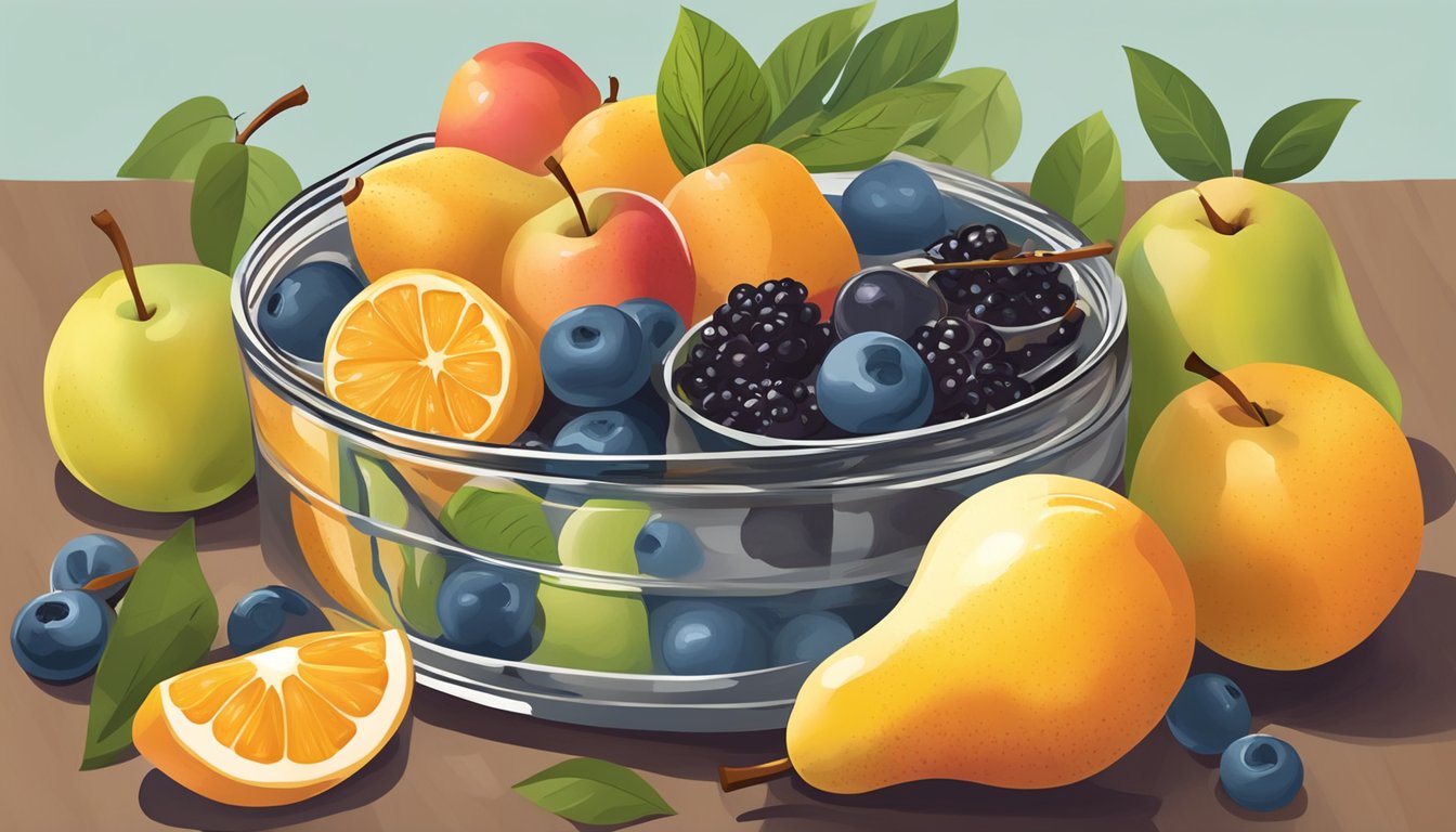 A bowl of canned pears in syrup surrounded by fresh fruits like apples, oranges, and berries. A diabetic-friendly snack option