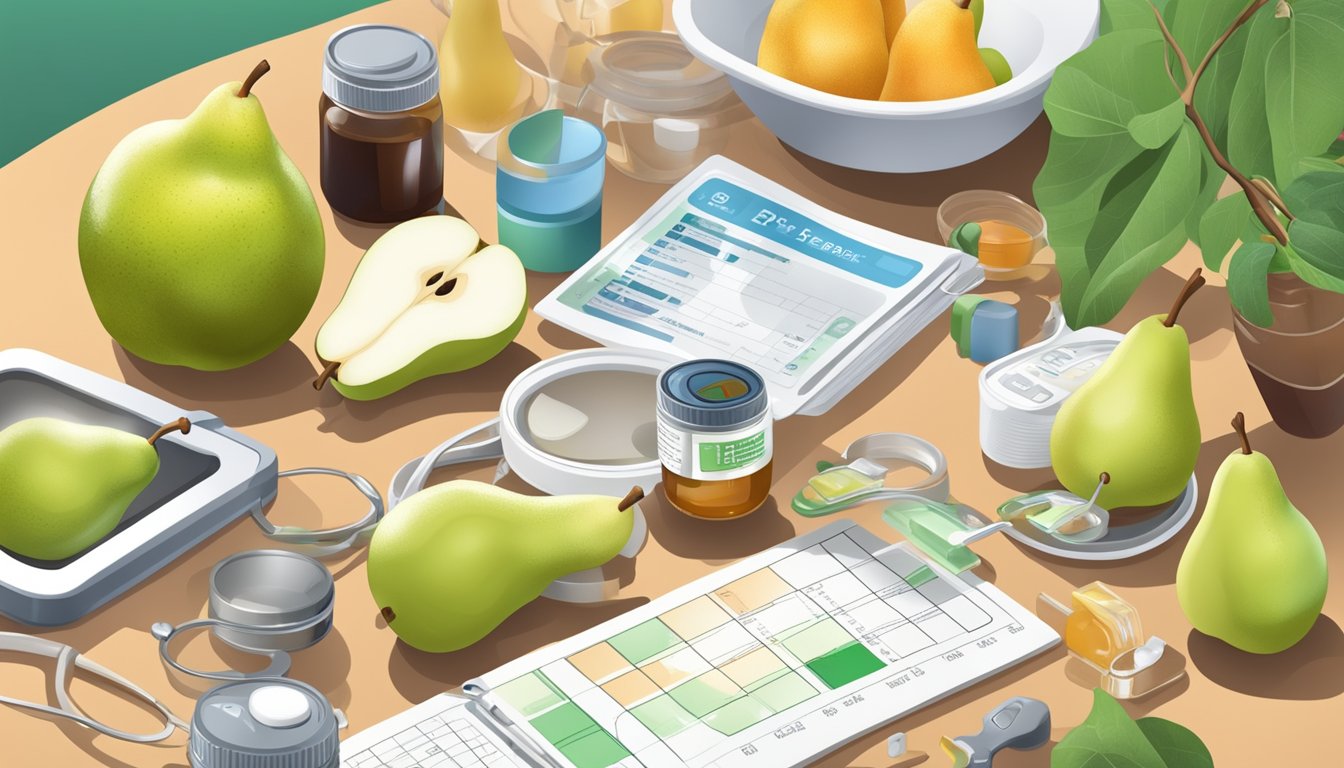 A diabetic person carefully examines a can of pears in syrup, surrounded by various health-related items like a glucometer, medication, and a nutrition guide