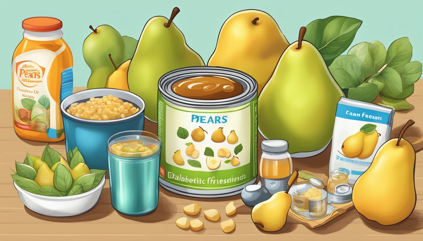 A can of pears in syrup surrounded by a variety of diabetic-friendly food items and educational materials