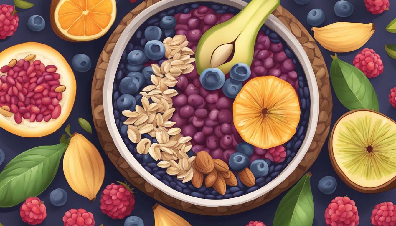 Acai bowl surrounded by fruits, nuts, and seeds. Diabetic-friendly ingredients visible