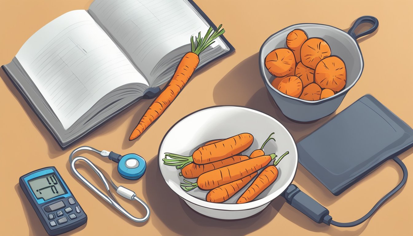 A bowl of baby carrots sits on a kitchen counter next to a diabetic-friendly recipe book and a blood sugar monitor