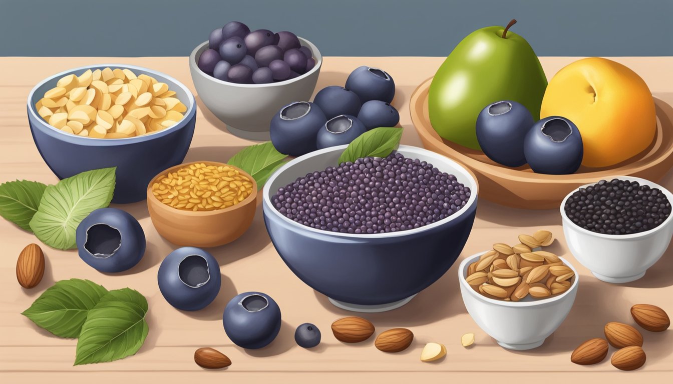 Acai bowl ingredients arranged on a kitchen counter, including fresh fruits, nuts, and seeds, with a diabetic-friendly sugar substitute on the side