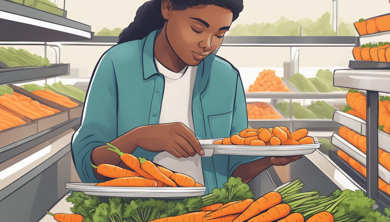 A person with diabetes holding a bunch of baby carrots while reading a nutrition label