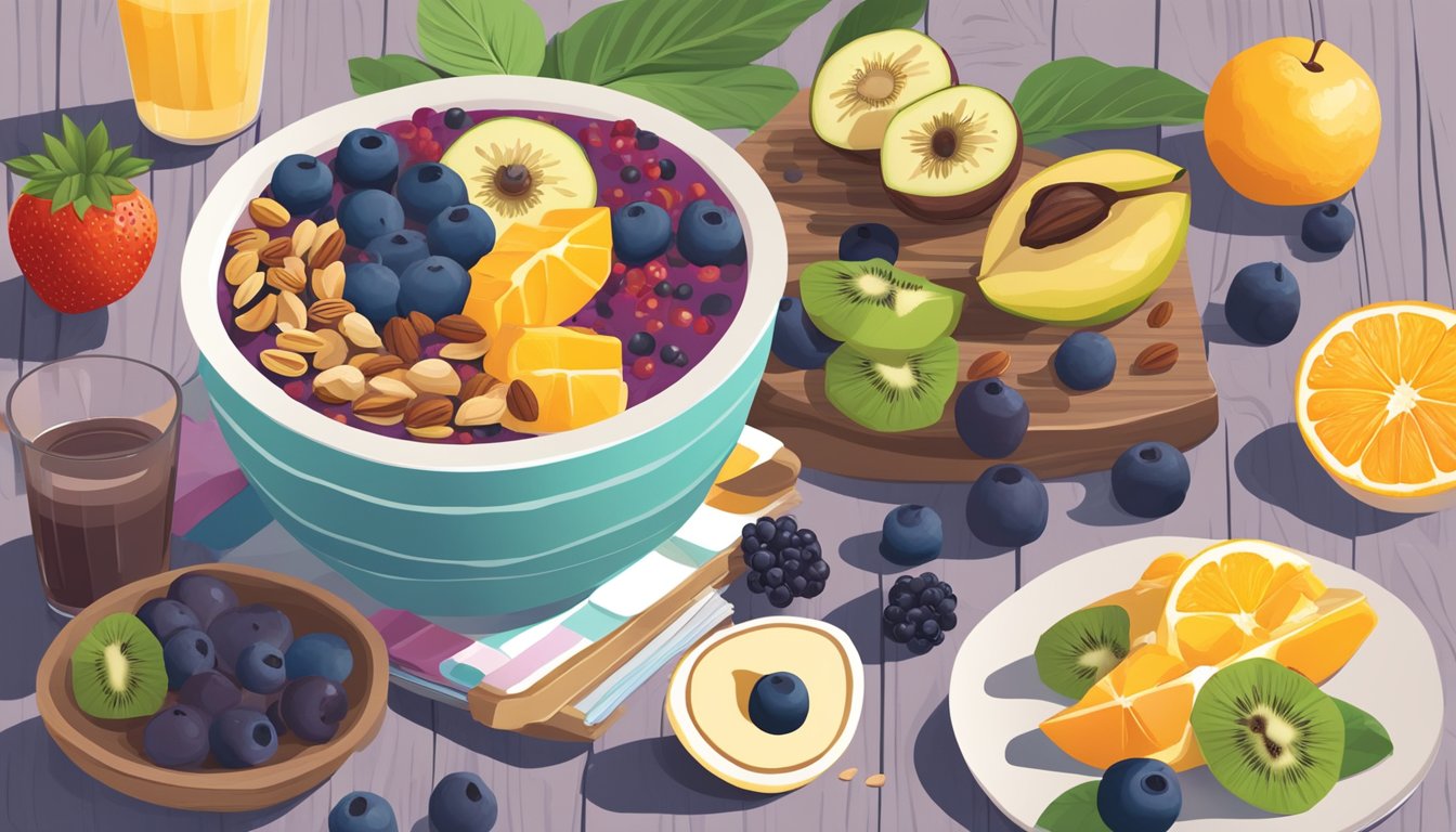 A colorful acai bowl surrounded by fresh fruits, nuts, and seeds on a wooden table, with a glass of water and a diabetes-friendly food guide nearby