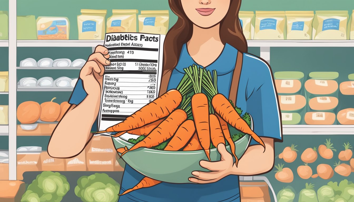 A diabetic person holding a bunch of baby carrots, with a nutrition label in the background