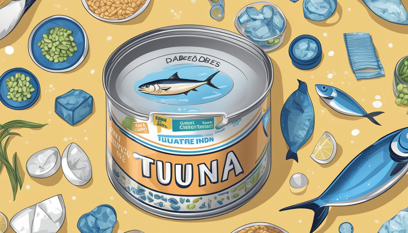 A can of tuna in water surrounded by various food items, with a diabetes-friendly label and a nutrition label visible