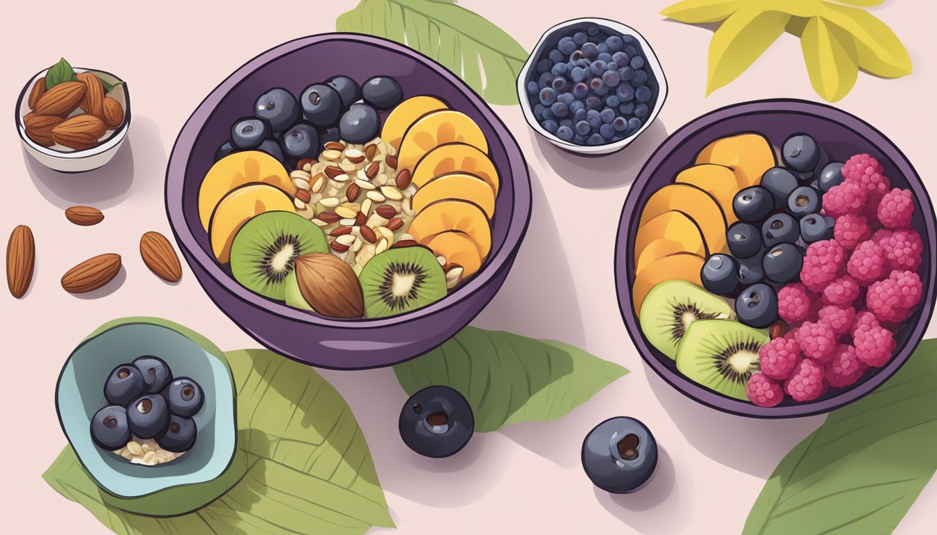 A table with two bowls: one filled with homemade acai bowl topped with fresh fruits and nuts, and the other with a store-bought acai bowl with pre-packaged toppings