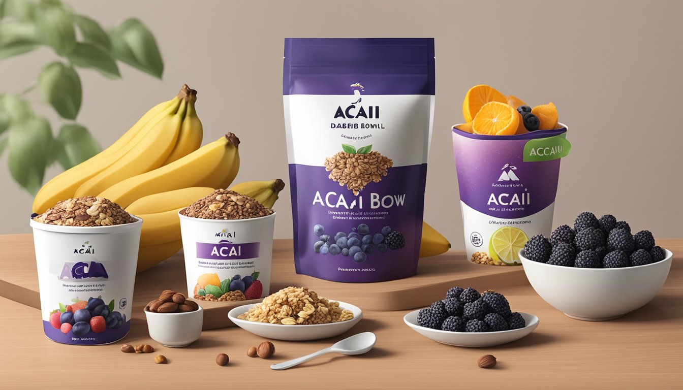 Acai bowl ingredients laid out on a kitchen counter, including fresh fruit, nuts, and granola. A diabetic-friendly label is visible on a package of acai berries