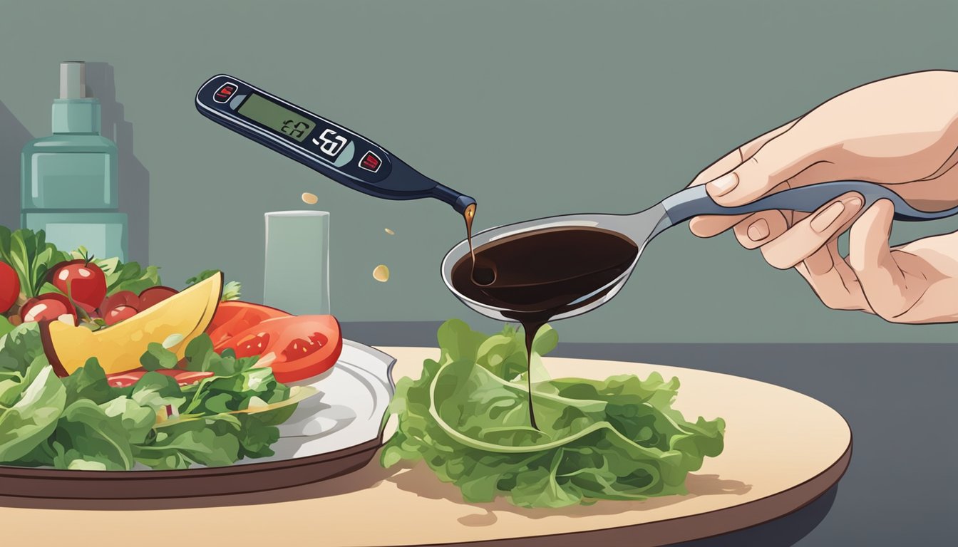 A person with diabetes pouring balsamic vinegar on a salad. A glucometer on the table shows a normal blood sugar level