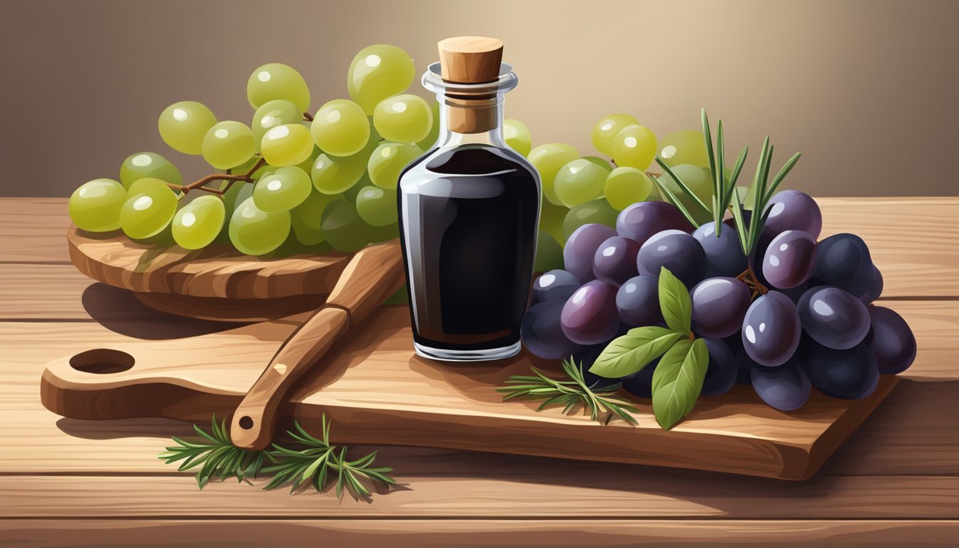 A bottle of balsamic vinegar surrounded by fresh grapes and a sprig of rosemary on a wooden cutting board