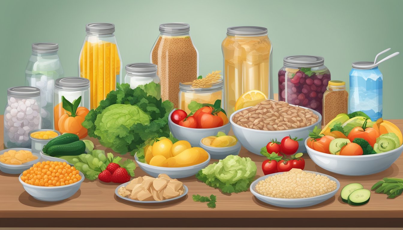 A table with a variety of foods including canned tuna in water, fruits, vegetables, and whole grains