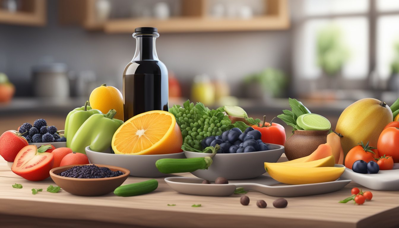 A bottle of balsamic vinegar next to a variety of fresh fruits and vegetables, with a diabetes-friendly meal being prepared in the background