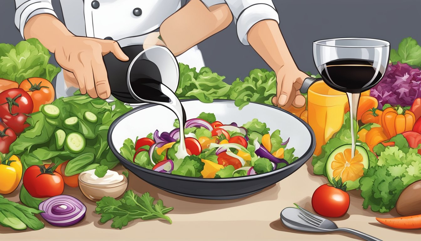 A diabetic chef drizzling balsamic vinegar over a colorful salad of fresh vegetables and lean protein