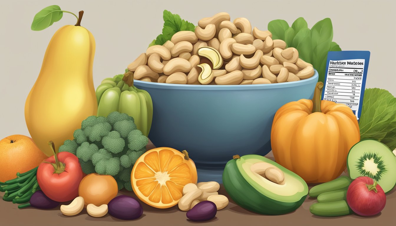 A bowl of cashews surrounded by a variety of fruits and vegetables, with a nutrition label displayed next to it