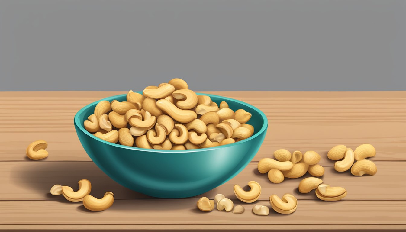 A bowl of cashews and a measuring tape on a table