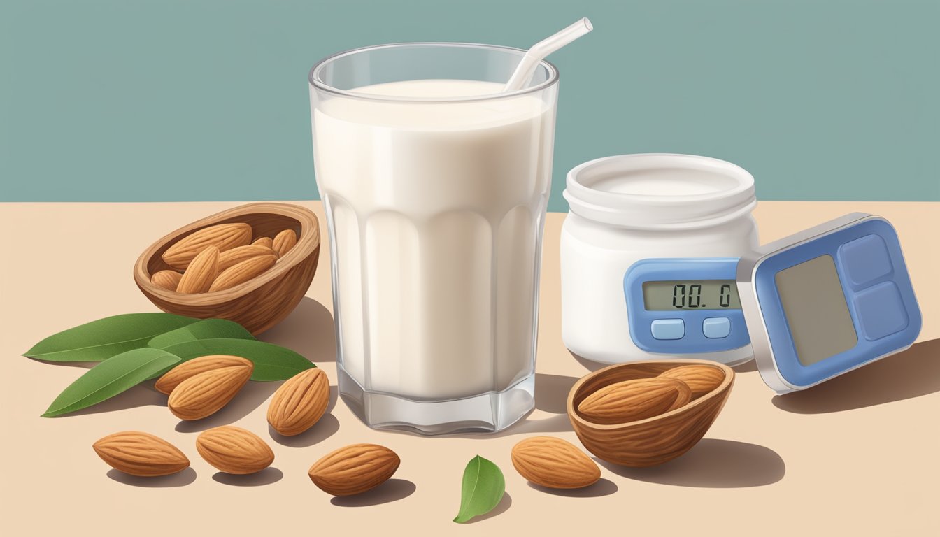 A glass of almond milk surrounded by almonds and a diabetes monitoring kit