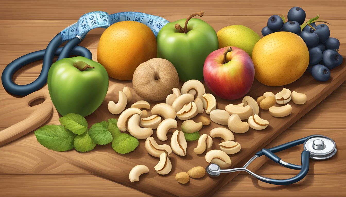 A variety of cashews and various fruits arranged on a wooden cutting board, with a measuring tape and a stethoscope nearby