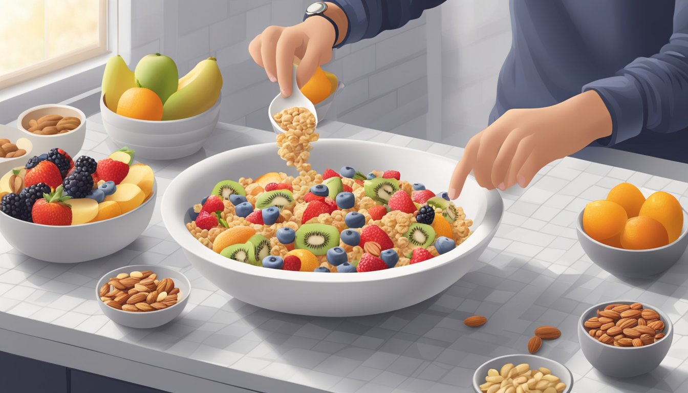 A person pouring a bowl of diabetes-friendly cereal with a variety of healthy toppings such as fresh fruit and nuts on a kitchen countertop