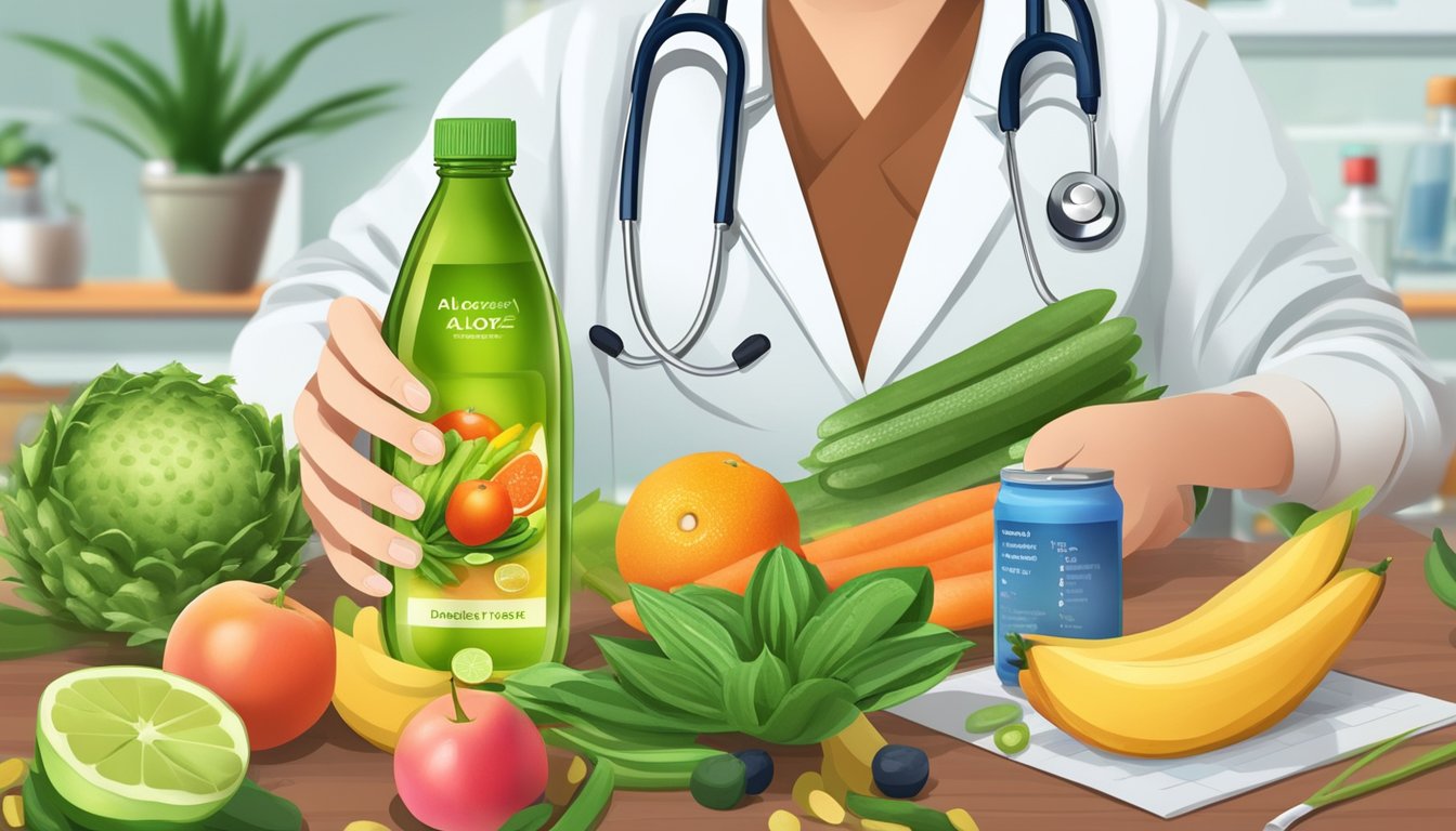 A diabetic person holding a bottle of aloe vera juice, surrounded by various fruits and vegetables, with a doctor's prescription in the background