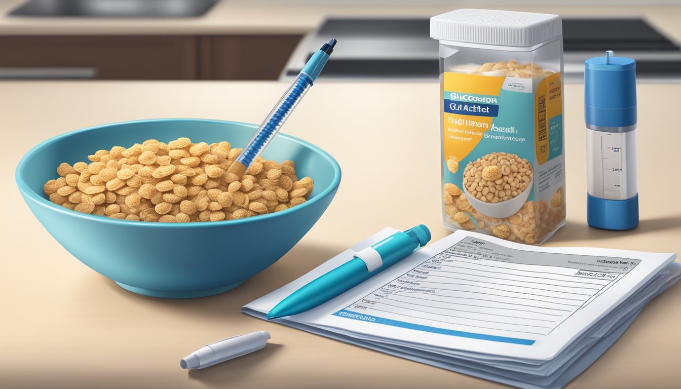 A bowl of cereal sits next to a glucometer and insulin pen on a kitchen counter. A nutrition label is visible on the cereal box