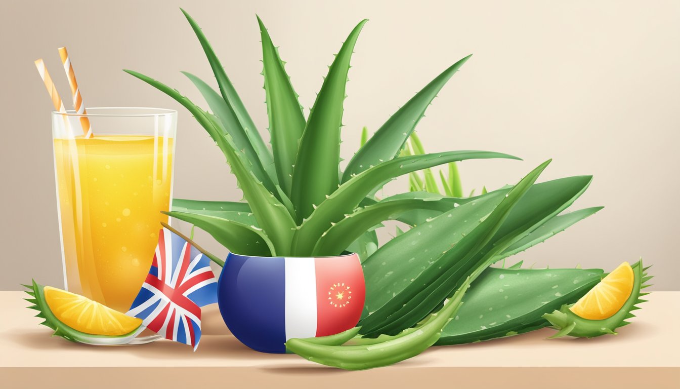 Aloe vera plant with a glass of juice, surrounded by diverse international flags