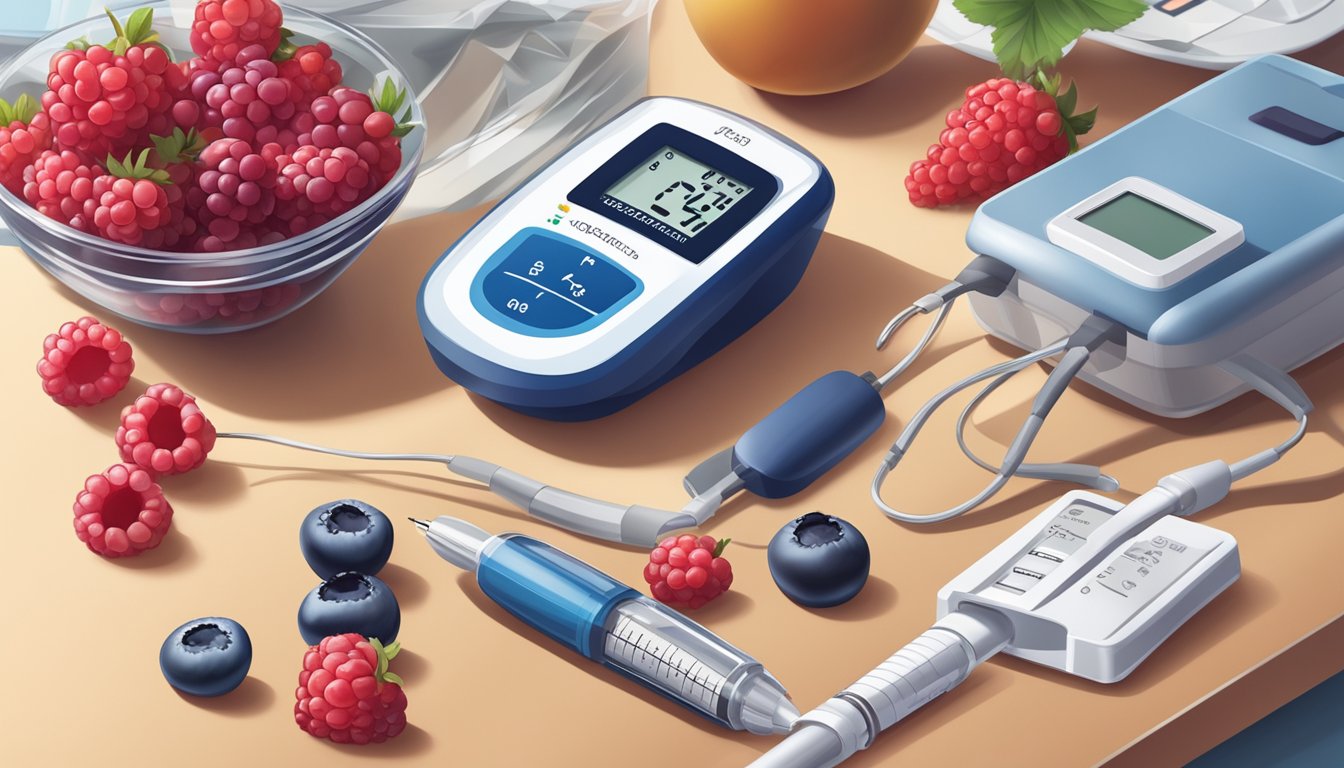 A bowl of mixed berries surrounded by a glucometer and insulin pen on a kitchen counter