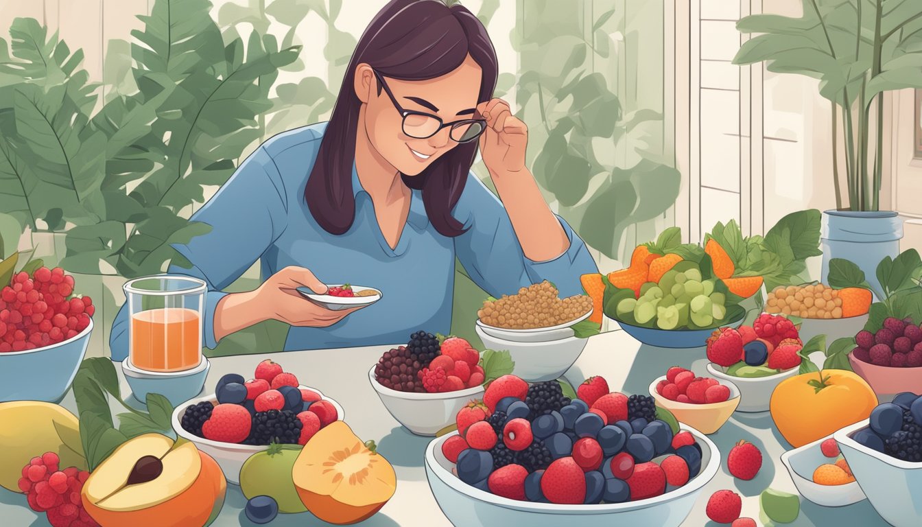 A diabetic person enjoying a bowl of assorted berries, surrounded by healthy food choices and a list of dietary guidelines for long-term health