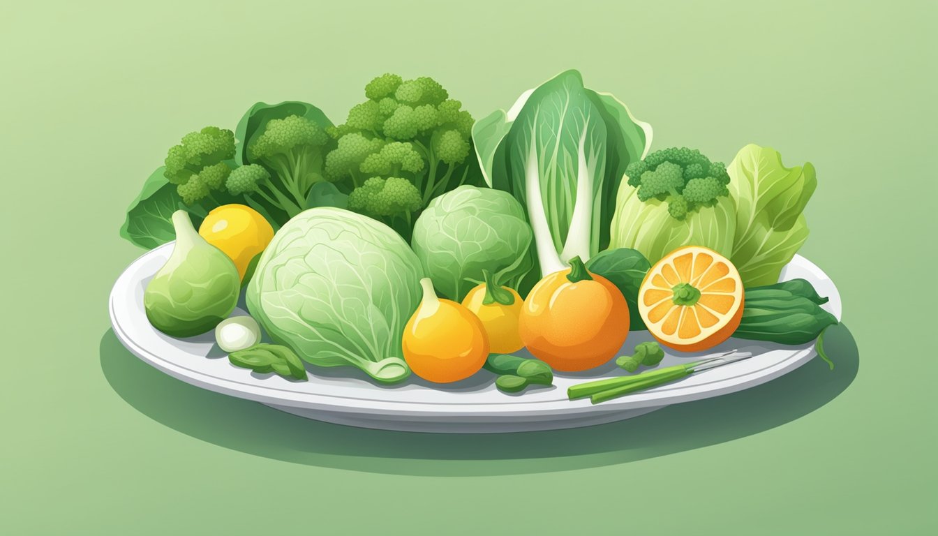 A plate of bok choy surrounded by various fruits and vegetables, with a nutritional label and a diabetic testing kit nearby