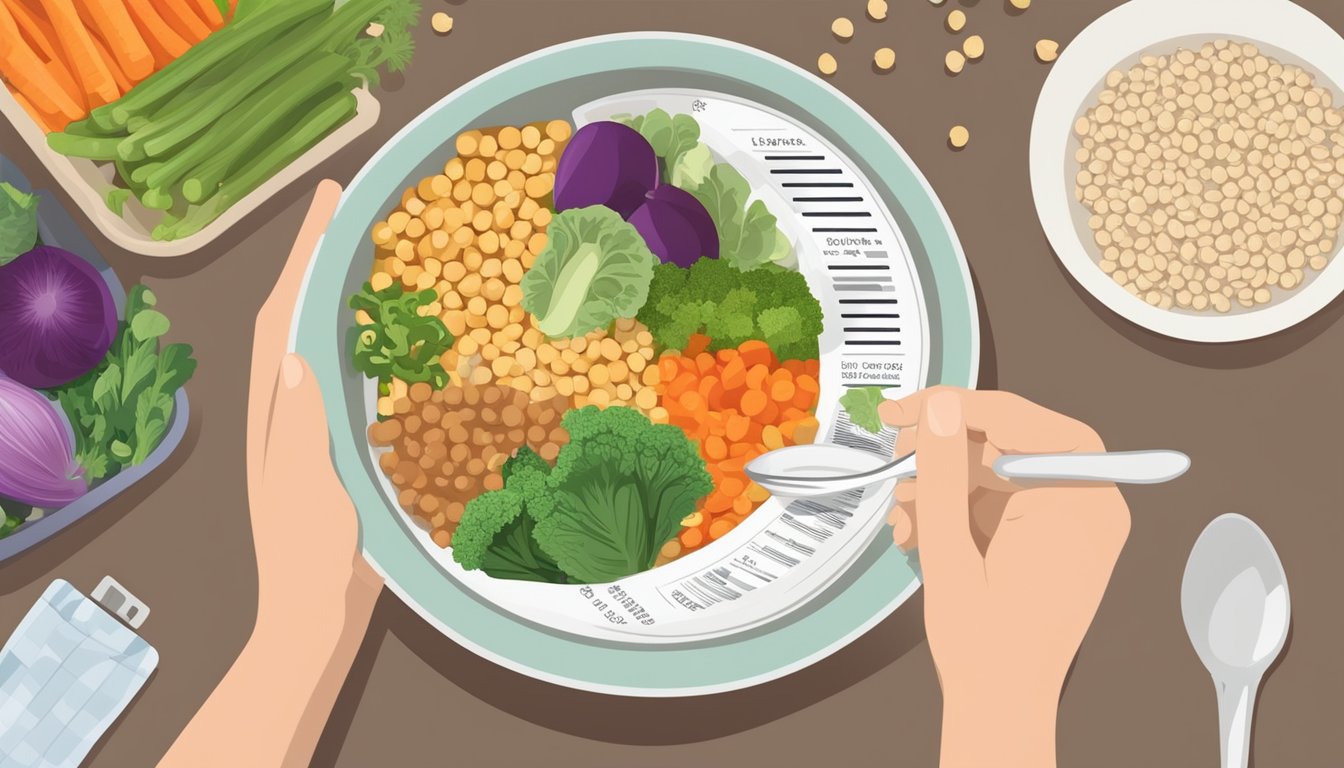 A bowl of chickpeas surrounded by a variety of colorful vegetables and a nutrition label, with a diabetic person holding a spoon and looking at the bowl