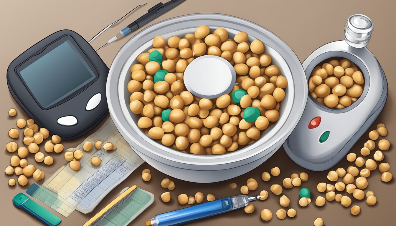 A bowl of chickpeas surrounded by a blood sugar monitor and insulin pen