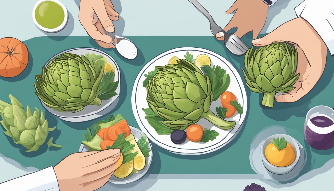 A person with diabetes happily eating a plate of artichokes alongside a balanced meal, with a nutritionist providing guidance