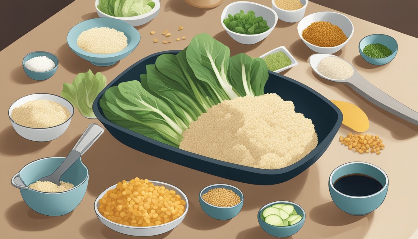 A diabestics preparing a meal with bok choy and alternative ingredients, such as tofu and quinoa, laid out on a kitchen counter